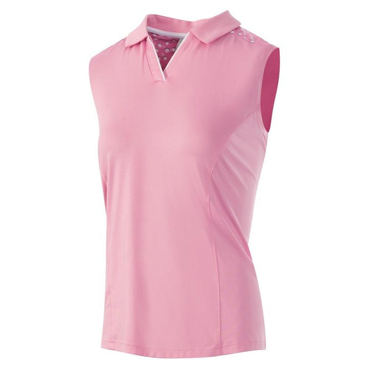 Ladies Sleeveless Golf Polo With Printed Yoke Pink/White